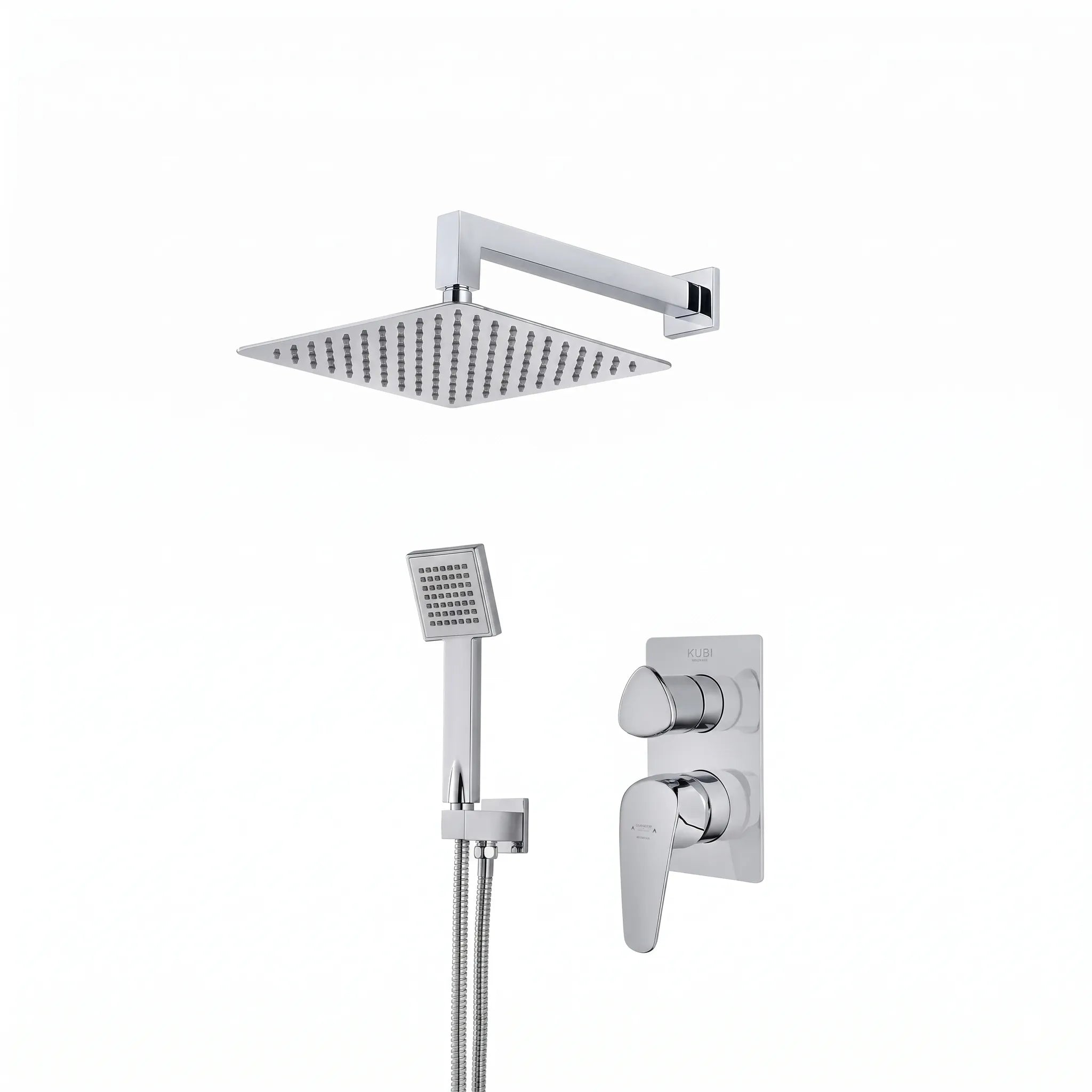 Strohm Teka Itaca 671720220 concealed shower set featuring a square ultra-slim rain shower head, matching square handheld shower, and a rectangular chrome mixer plate with a single lever handle.