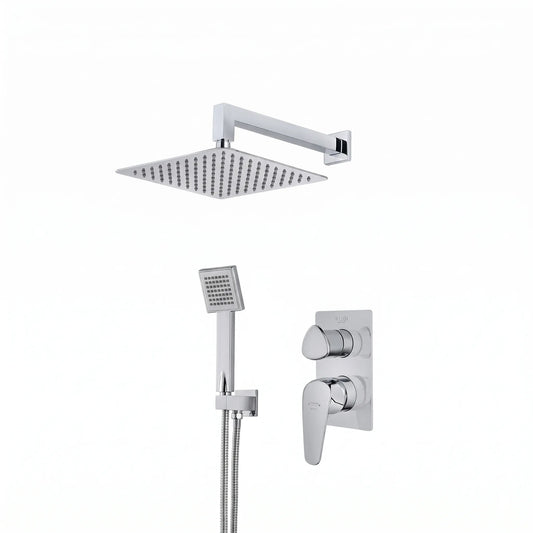 Strohm Teka Itaca 671720220 concealed shower set featuring a square ultra-slim rain shower head, matching square handheld shower, and a rectangular chrome mixer plate with a single lever handle.