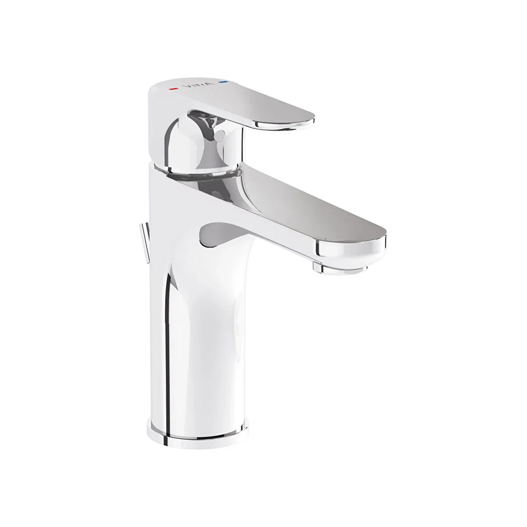 VitrA Root Round A42723EXP medium-sized basin mixer in polished chrome, featuring a single lever handle with temperature indicators and a sleek rounded spout.