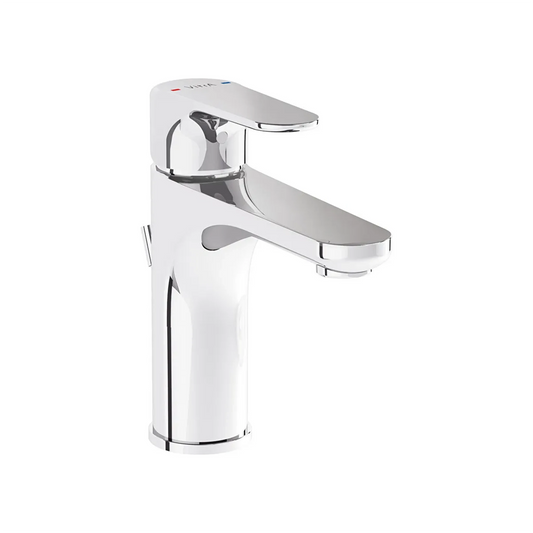 VitrA Root Round A42723EXP medium-sized basin mixer in polished chrome, featuring a single lever handle with temperature indicators and a sleek rounded spout.