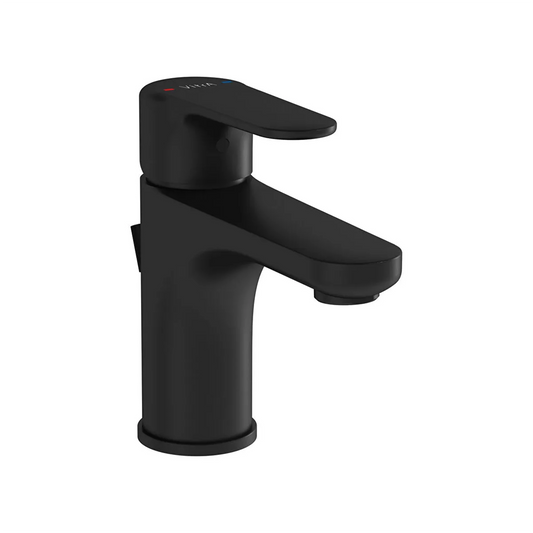 VitrA Root Round A4272236EXP basin mixer faucet in a sleek matte black finish, featuring a cylindrical body and a single lever handle with temperature indicator dots.