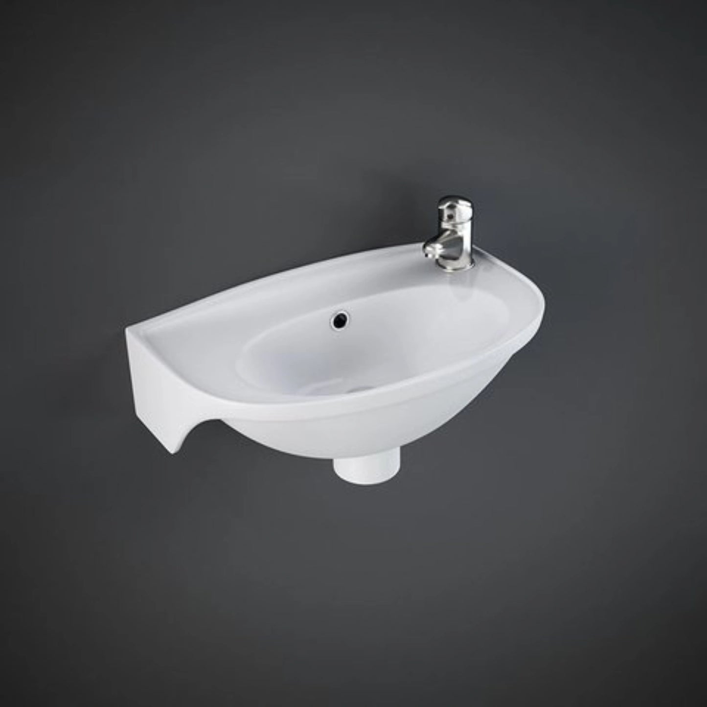 RAK Tina 40cm compact alpine white cloakroom wash basin with a right-hand pre-drilled tap hole and overflow.