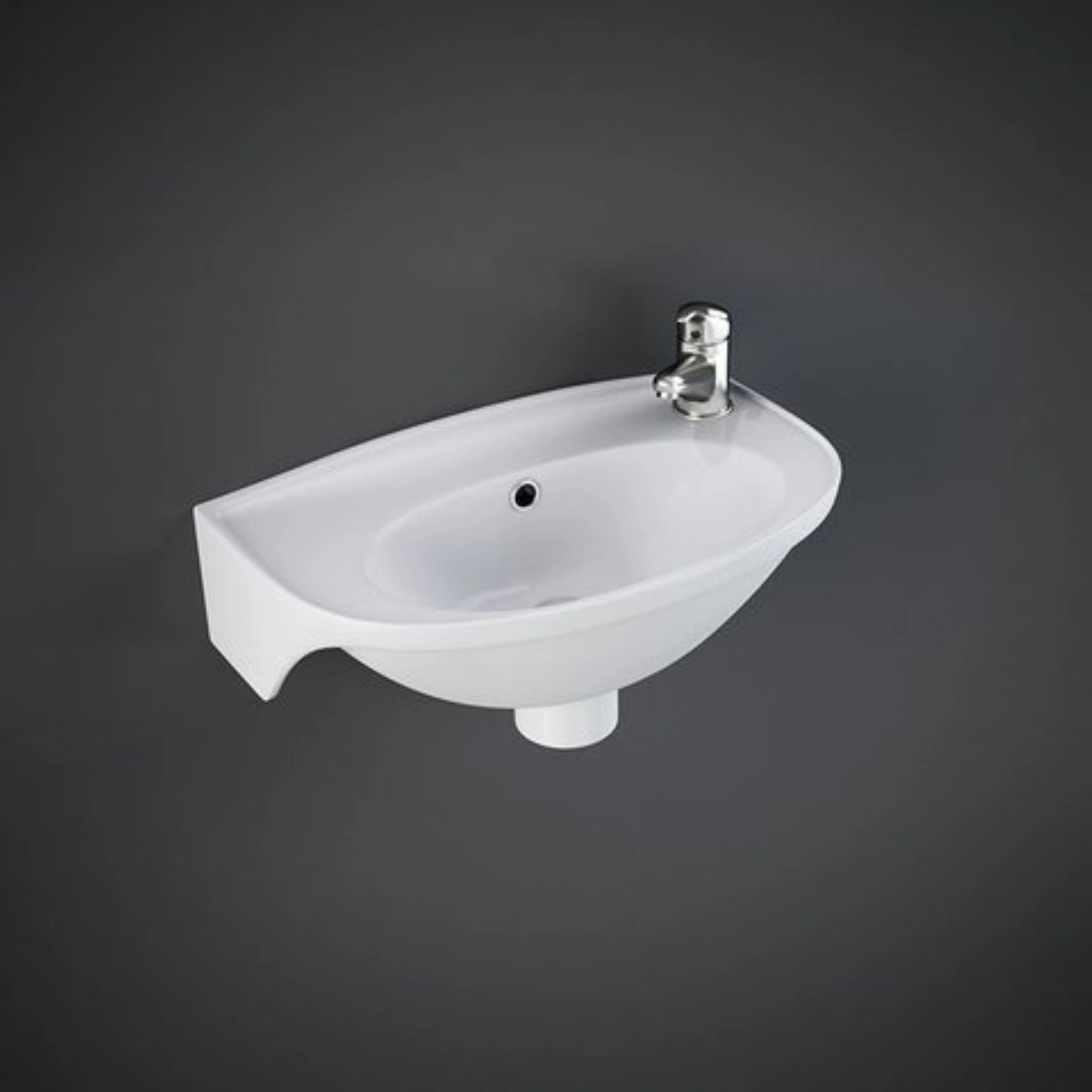 RAK Tina 40cm compact alpine white cloakroom wash basin with a right-hand pre-drilled tap hole and overflow.